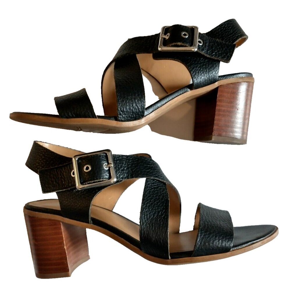 Franco Sarto Helga Heeled Black Leather Open Toe Block Heel Sandals 8M - Picture 3 of 11